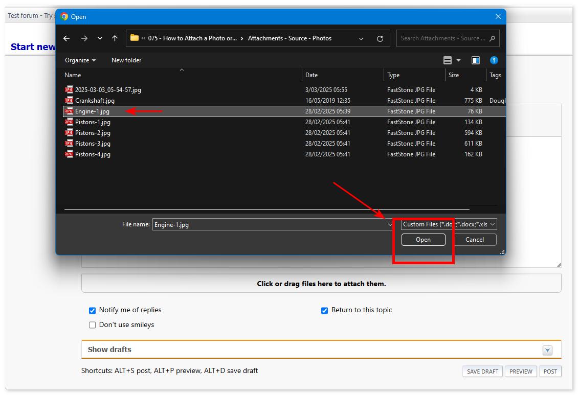 Add a file using open button