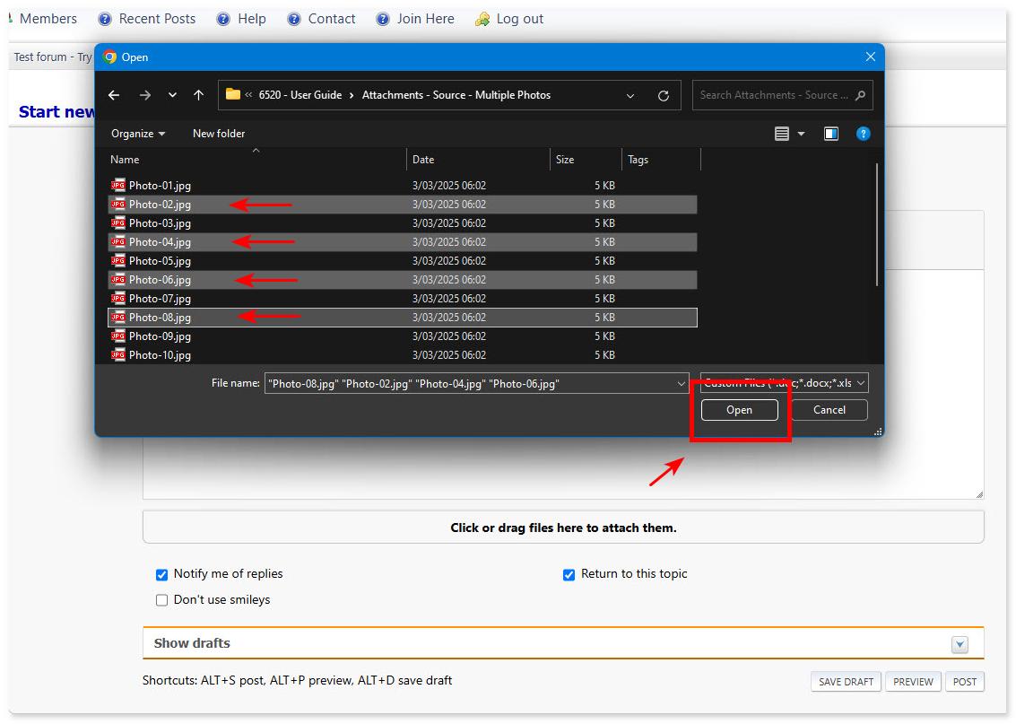 Add files using open button